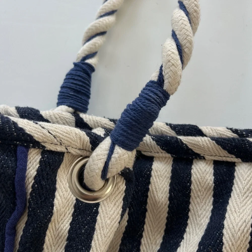 JADEtribe Valerie Rope Beach Bag OS Navy White Stripes Boho Nautical Resort Chic